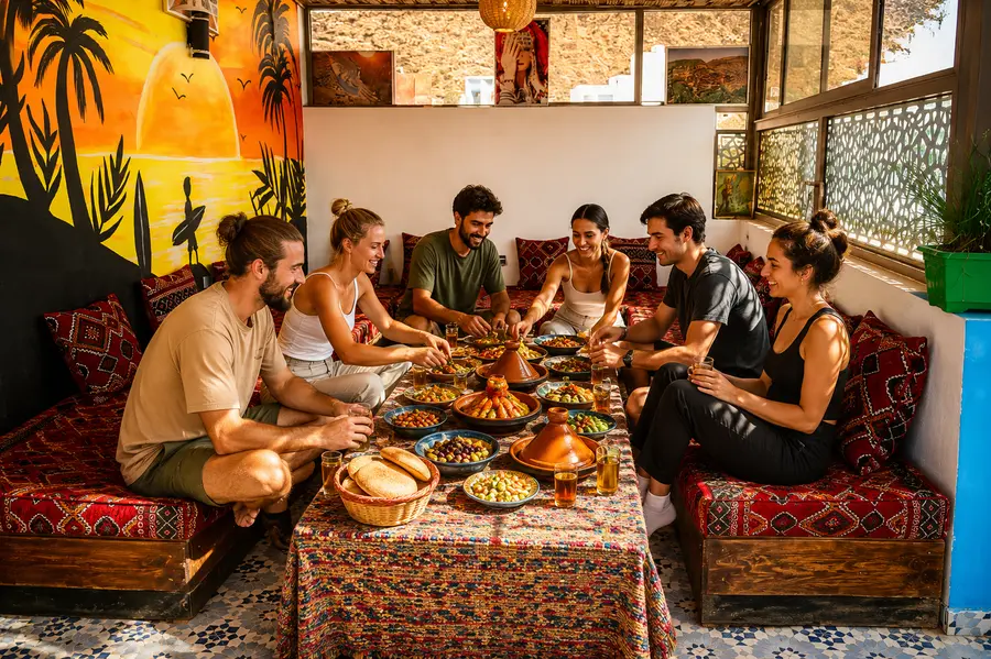 Shared Moroccan dinner at the camp